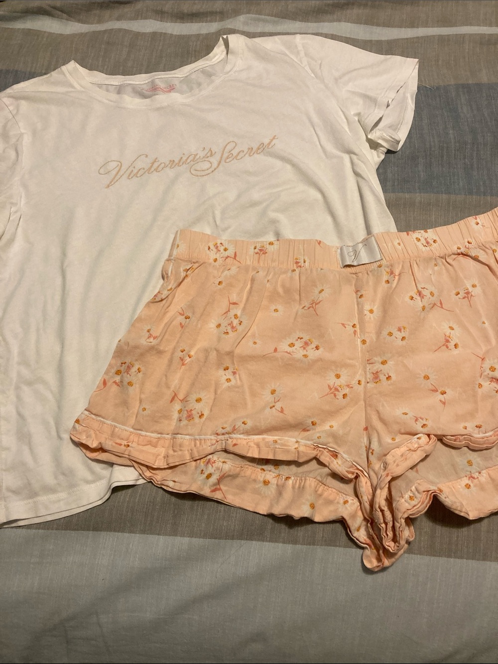Victoria's Secret White Logo Tee with Peach Floral Sleep Shorts